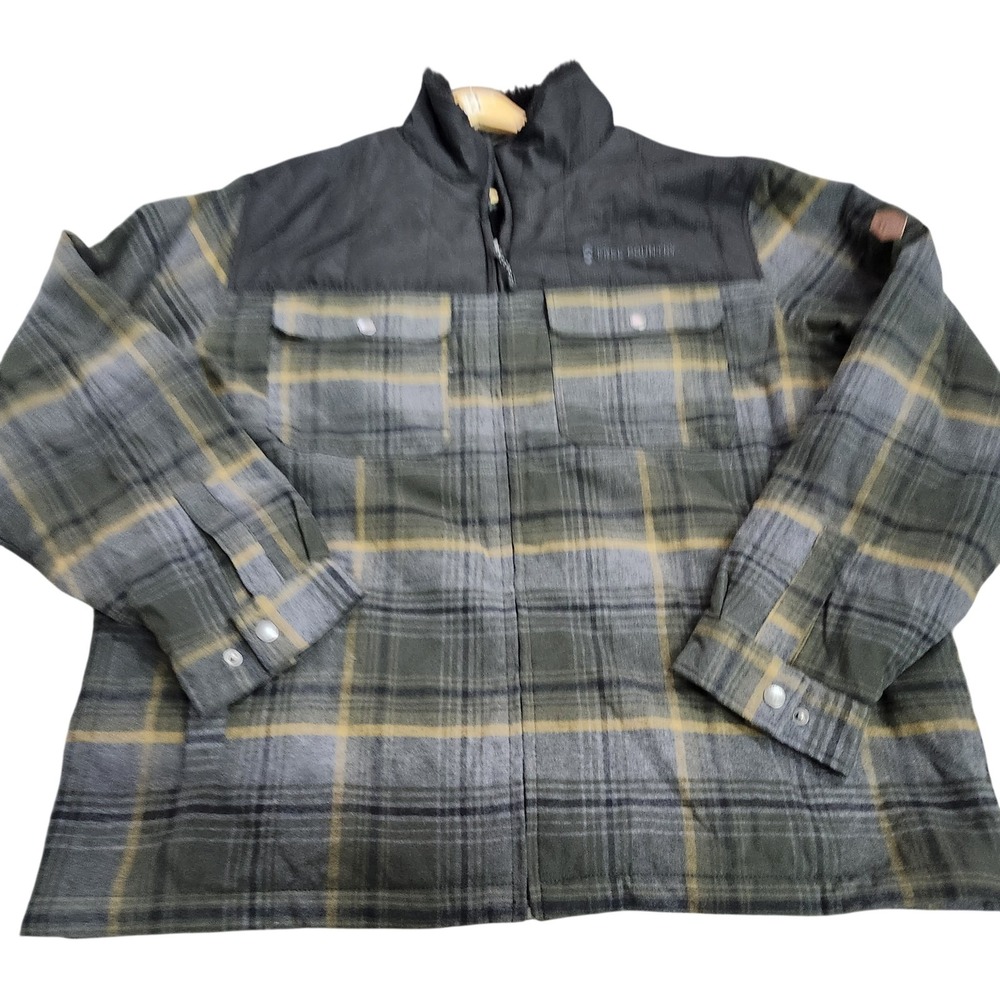 Free Country Jacket Mens 2XL Green Plaid Flannel Quilted Full Zip Sherpa Lined